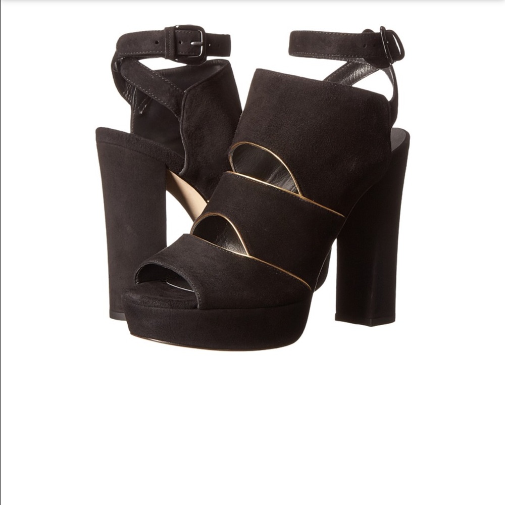 Stuart Weitzman Black Suede Heels with Gold 7.5